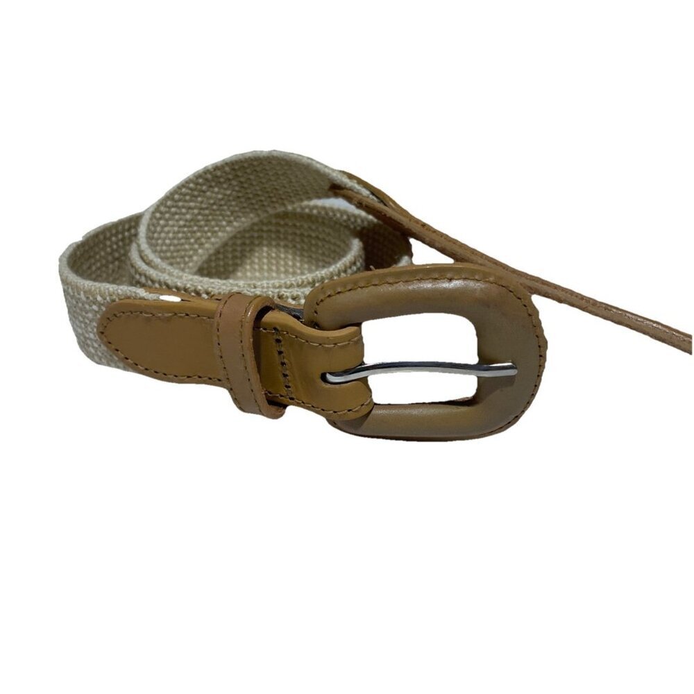 Vintage 90s Woven Stretch Belt Women's Size M Cream Genuine Leather Trim Preppy